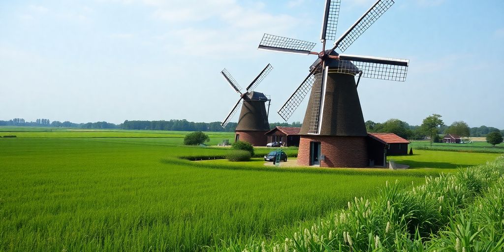 Dutch windmill in green fields, reflecting Dutch culture.