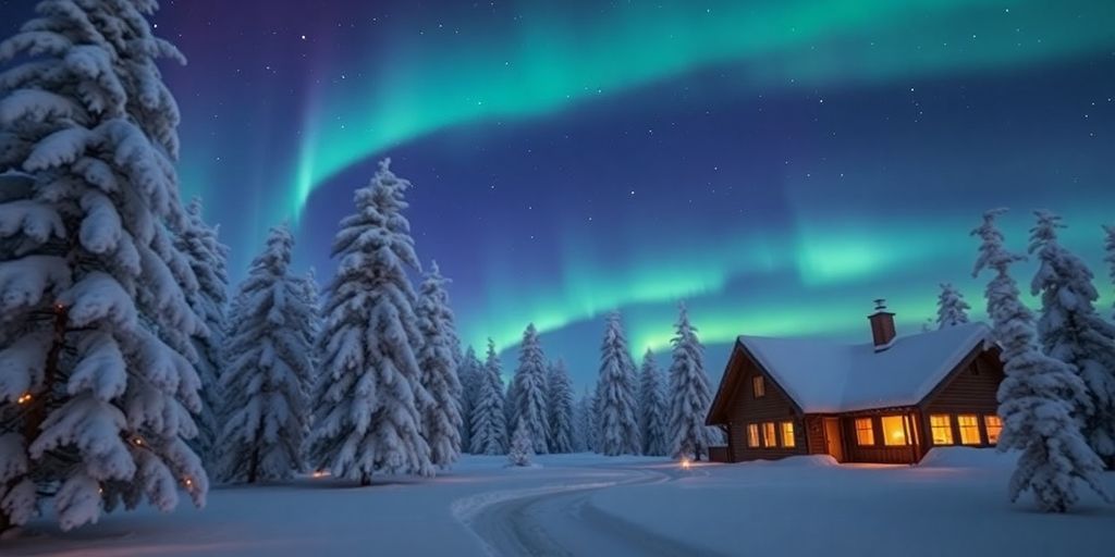 Cozy cabin in snowy landscape under Northern Lights.