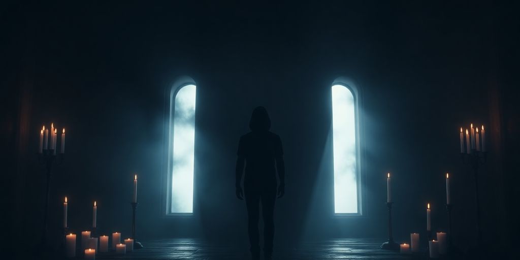A dark figure in a shadowy room with candles.