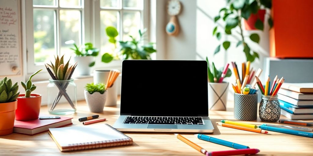 Creative workspace with laptop and artistic supplies.