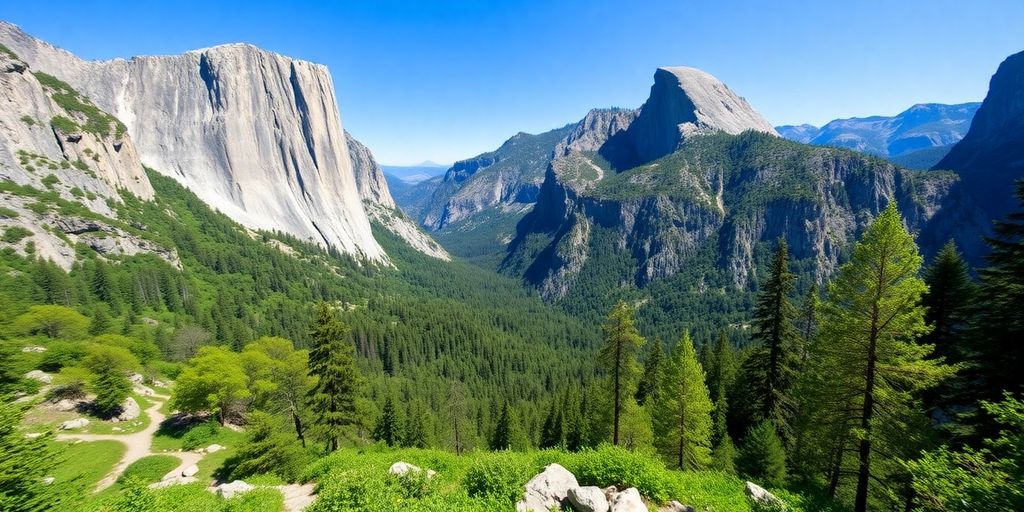 Yosemite Park hiking trails with stunning granite cliffs.