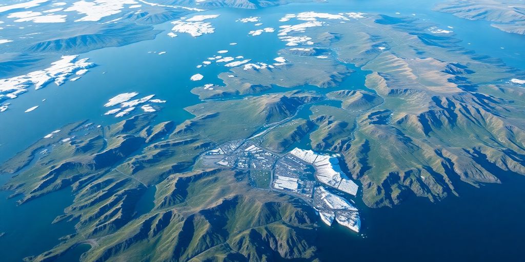 Aerial view of Greenland's landscape with ice and tundra.