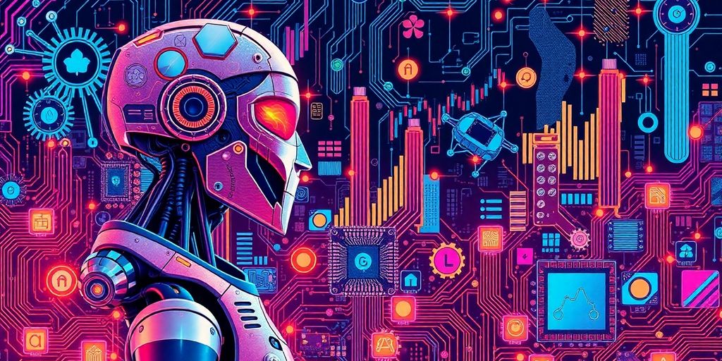 Collage of robots and technology representing AI stocks.