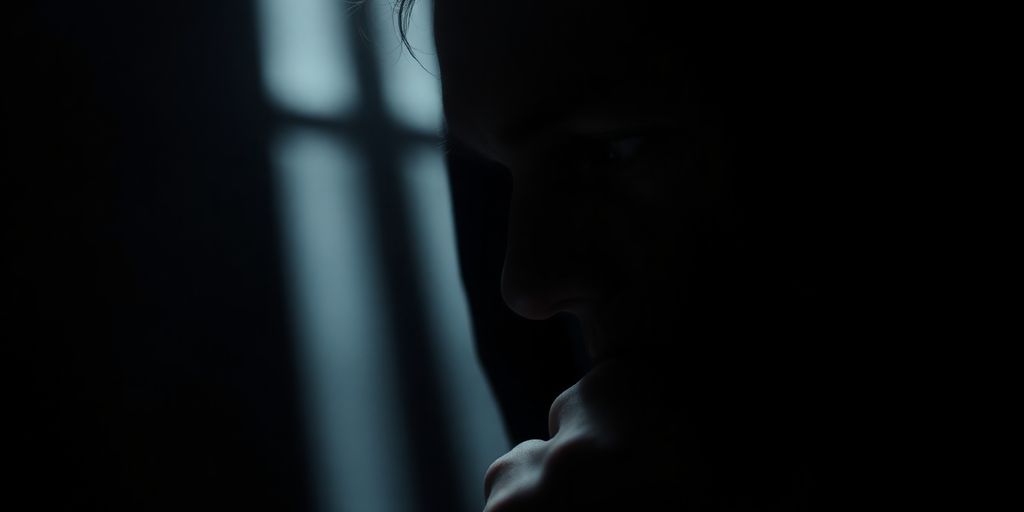 Close-up of a person in deep thought and shadow.