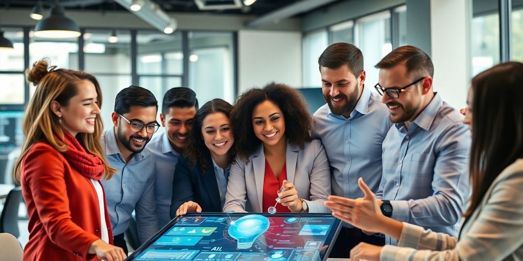 Professionals collaborating in a modern office with technology.