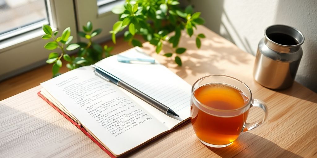 Open journal with pen and cup of tea.