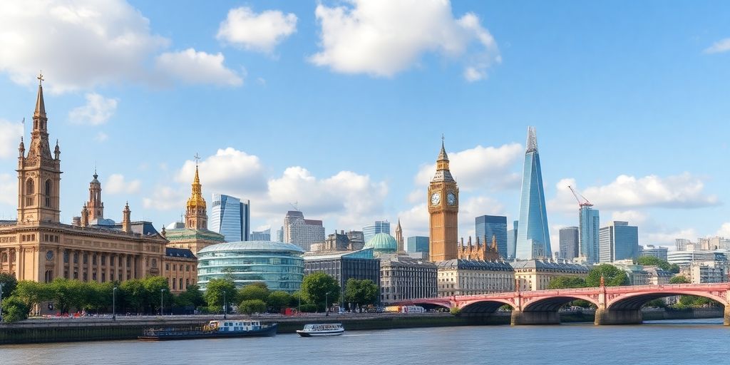 UK city skyline with modern and historic buildings.