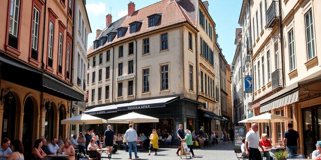 European street with cafes and historic buildings.