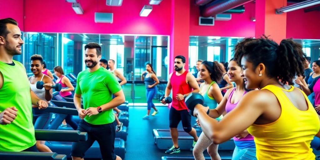 Diverse individuals exercising energetically in a vibrant gym.