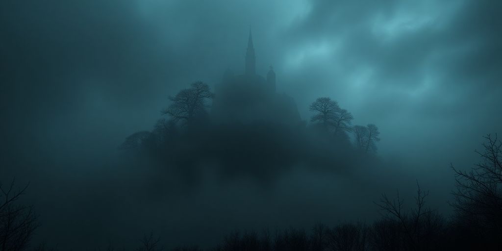 Eerie misty island with ghostly trees and shadows.