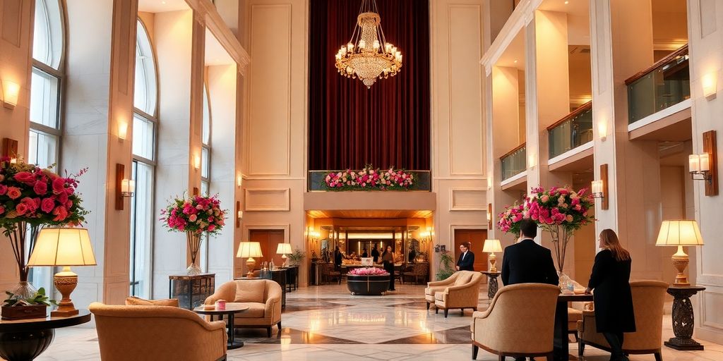 Luxurious 5-star hotel lobby with elegant decor and ambiance.