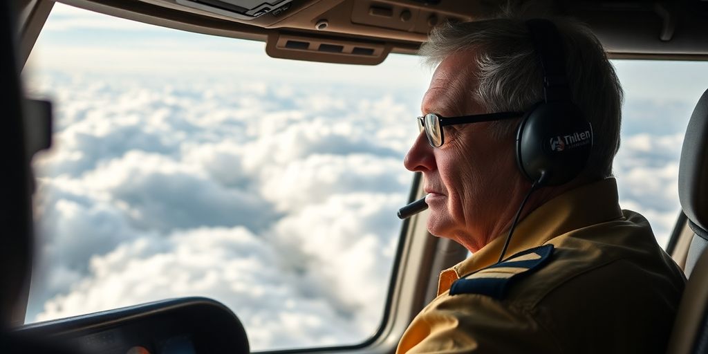 Veteran pilot in cockpit with clouds outside.
