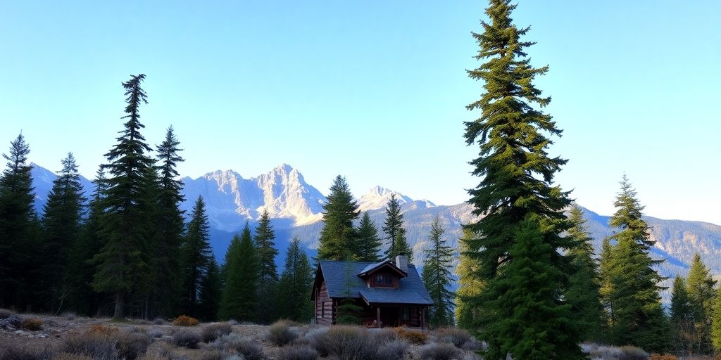 A remote cabin in the wilderness surrounded by mountains.