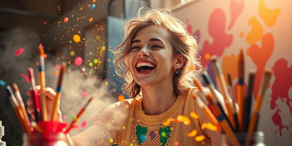 Person creating art with colorful paints and brushes.