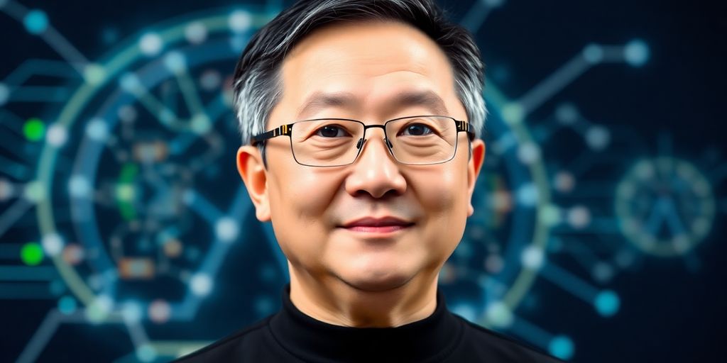Nvidia CEO Jensen Huang with a futuristic AI background.
