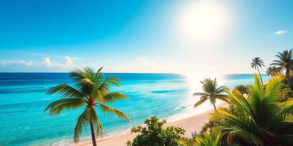 Tropical beach with clear waters and palm trees.