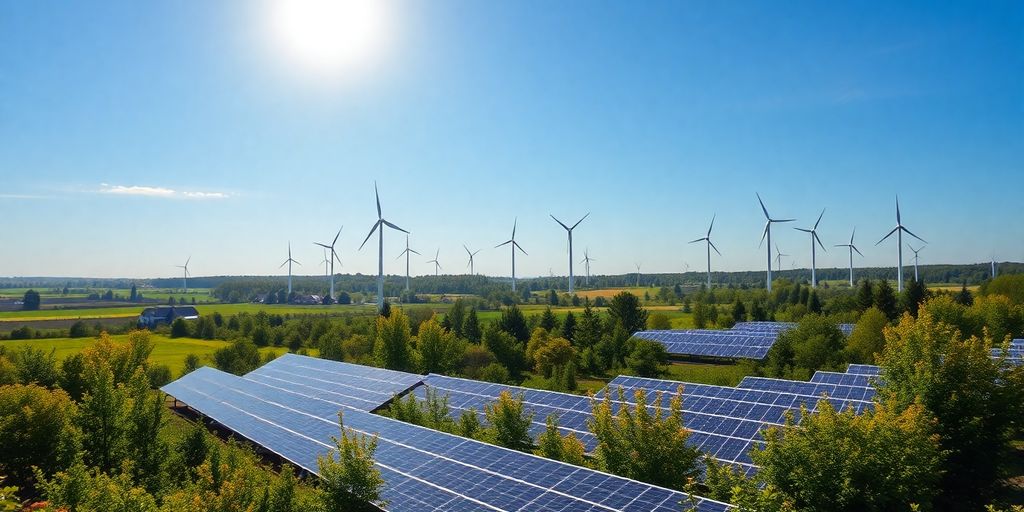 Estonia's renewable energy landscape with wind turbines and solar panels.