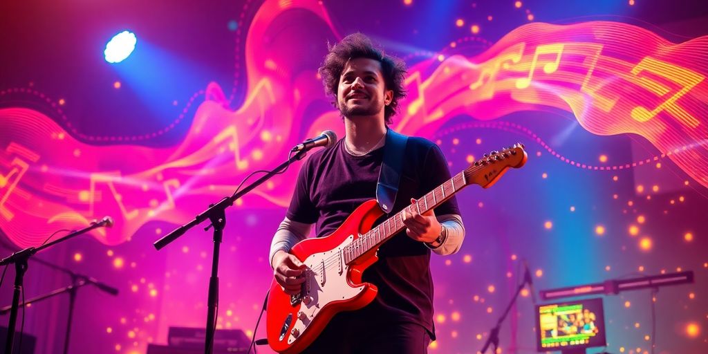 Musician creating music with AI and colorful sound waves.