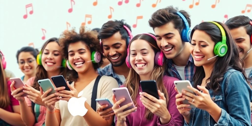 Group enjoying music on smartphones with headphones.