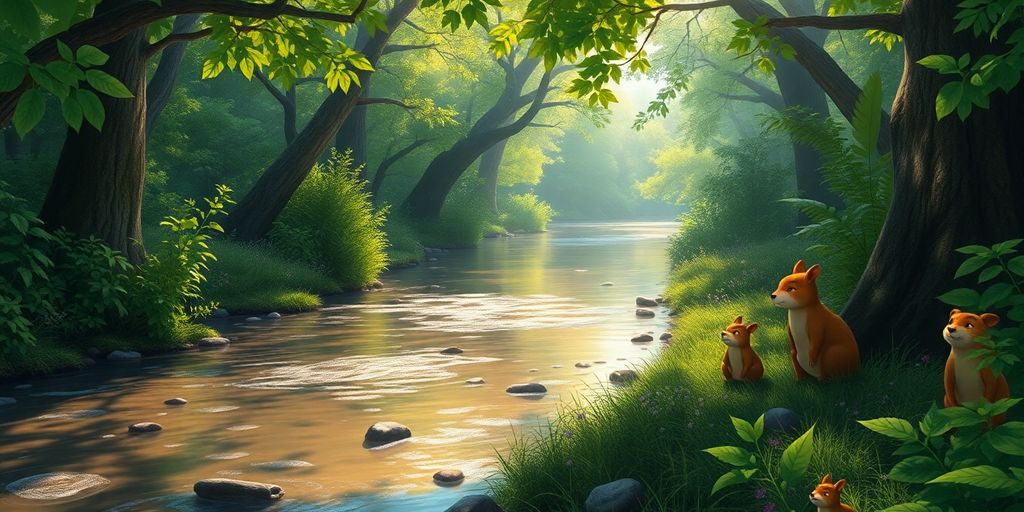 Lush riverbank with animals from 'The Wind in the Willows'.