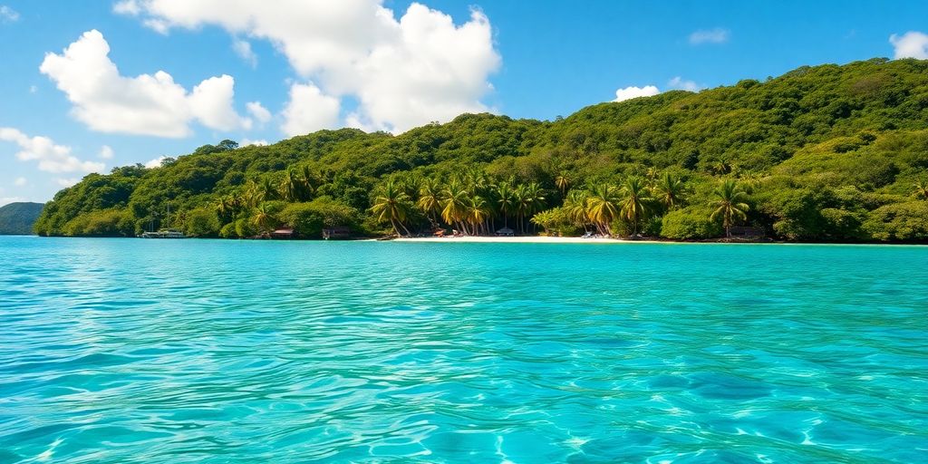 Tropical island with clear waters and lush greenery.