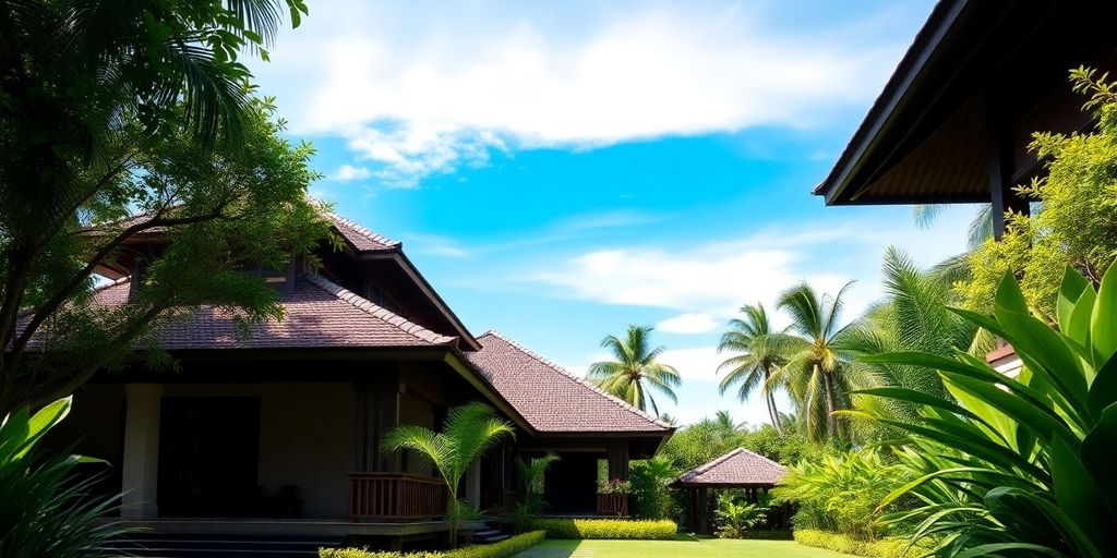 Beautiful Balinese villa surrounded by greenery and blue sky.