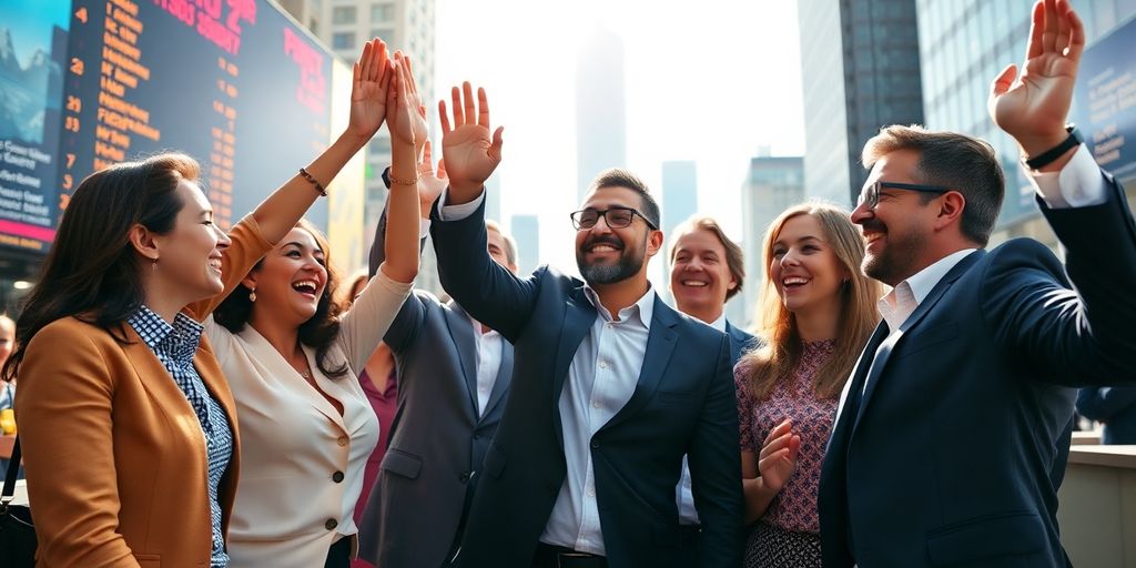 Professionals celebrating stock market success in a city.