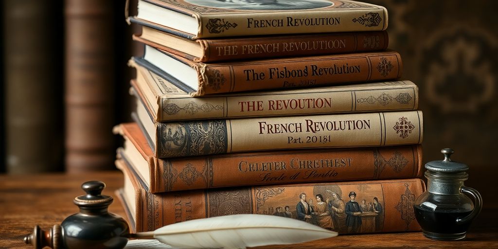 Vintage French Revolution books with quill and inkpot.