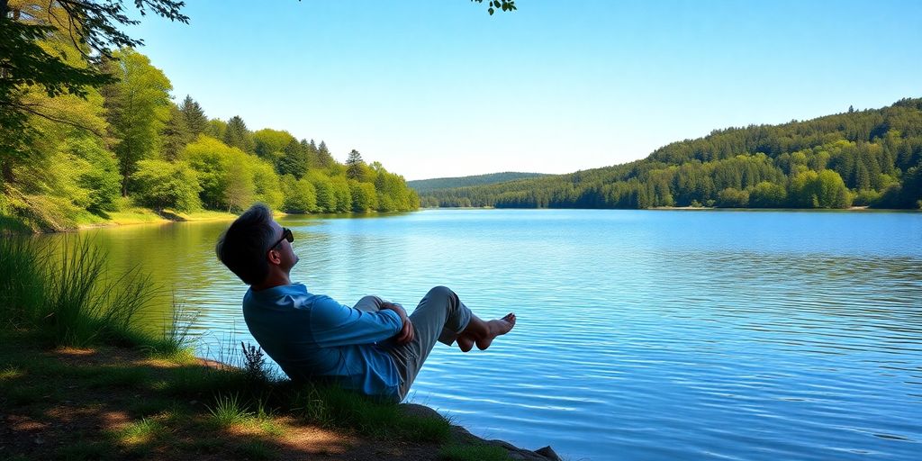 Person relaxing by a peaceful lake in nature.