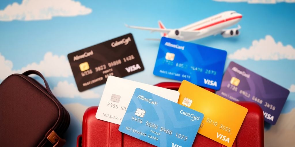 Colorful credit cards and travel items on a table.