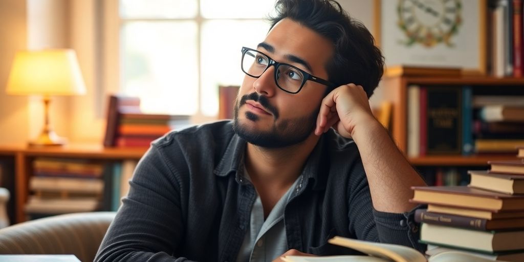 Person pondering financial growth with books in warm light.