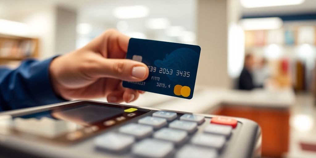 Credit card being swiped at a retail terminal.