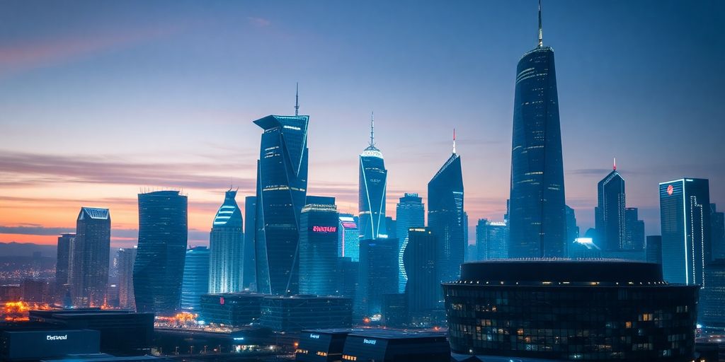 Futuristic city skyline with advanced technology and lights.