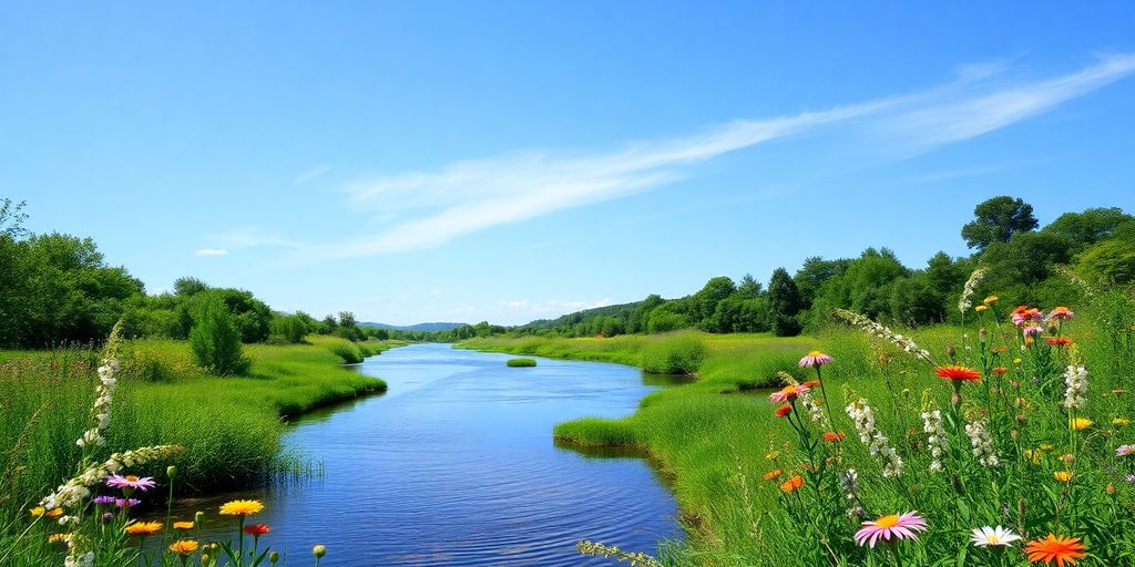 Tranquil river and lush greenery in bright landscape.