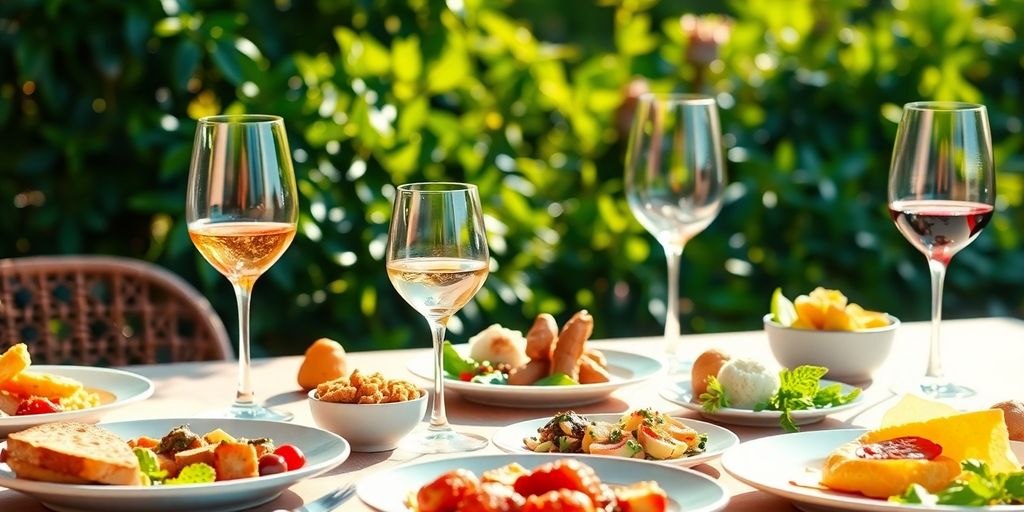 A beautifully arranged table with gourmet food and wine.