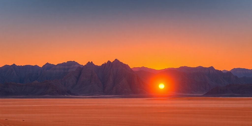 Desert landscape at sunset with rugged mountains and sand.