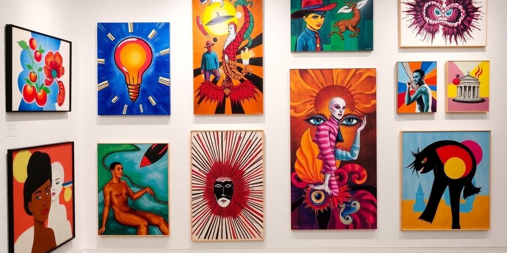 Colorful contemporary artworks in a gallery setting.
