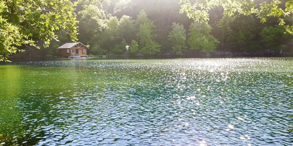 Calm lake with trees and a rustic cabin.