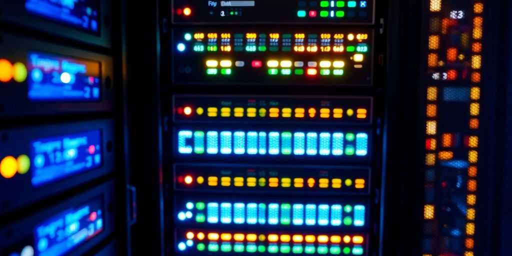 Photograph of a server rack with illuminated indicators.