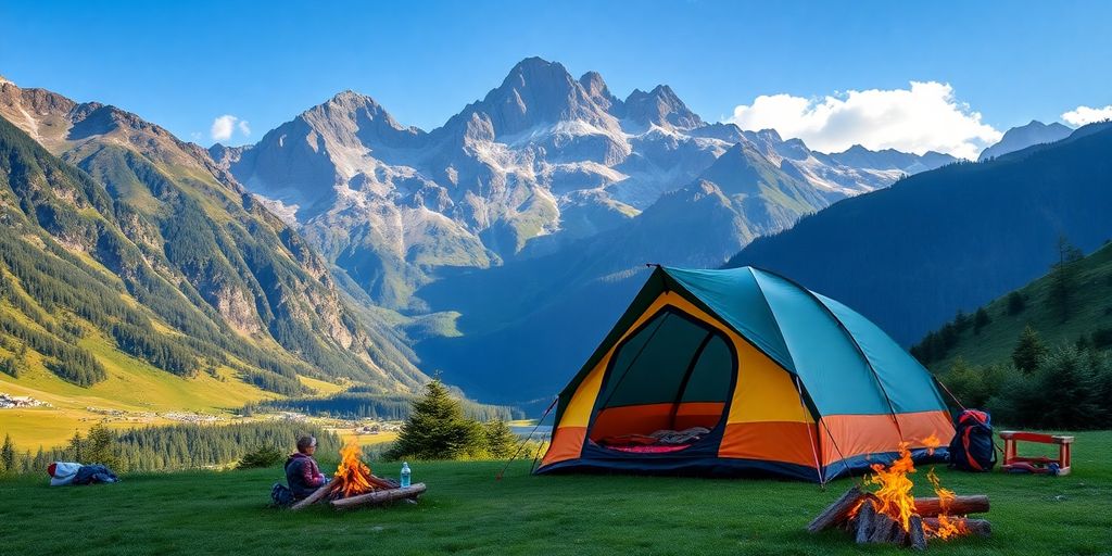 Backpacking tent in a scenic mountain landscape.
