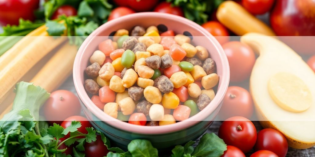 Bowl of colorful pet food with fresh vegetables and fruits.
