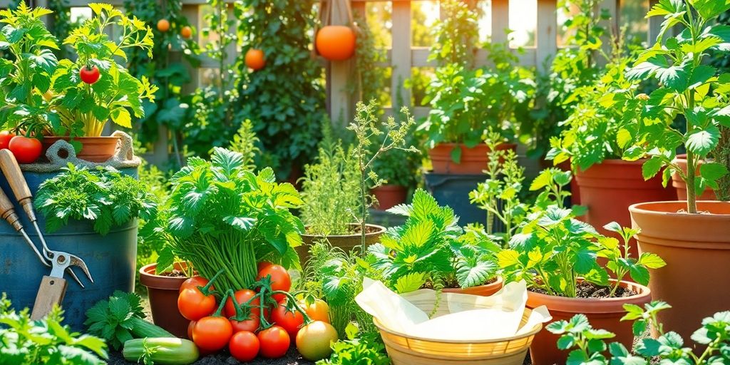 Lush garden with vegetables, herbs, and gardening tools.