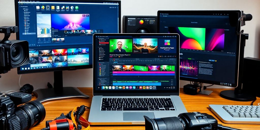 Colorful video editing setups with various software interfaces.