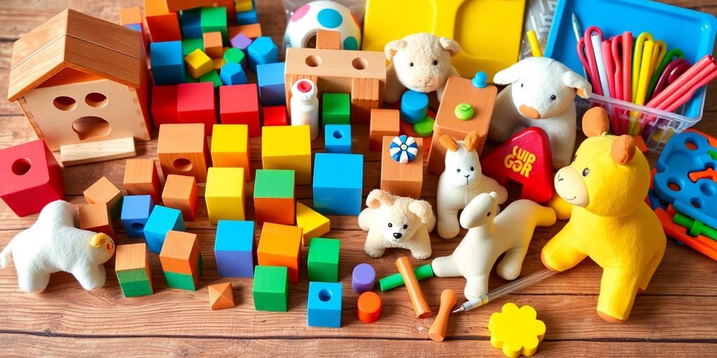 Colorful educational and handmade toys on a wooden table.