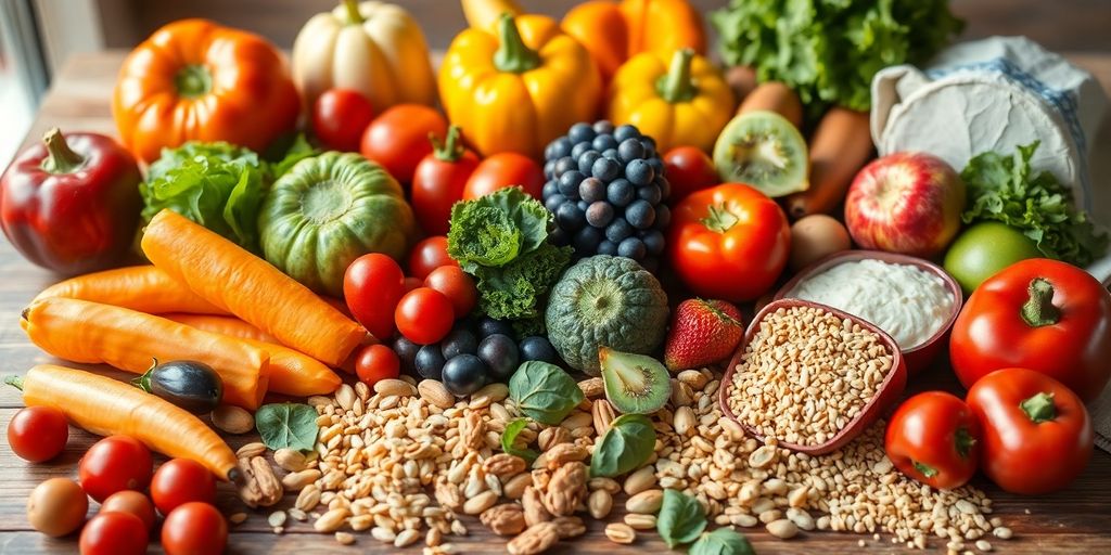 Colorful healthy food spread on a wooden table.