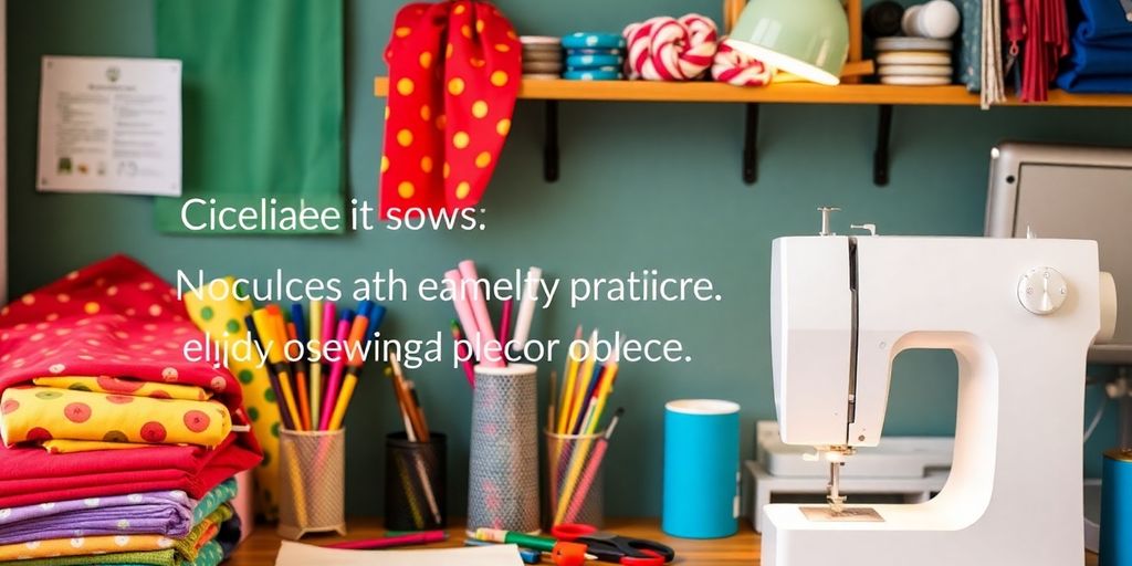 Colorful sewing workspace with fabrics and tools.