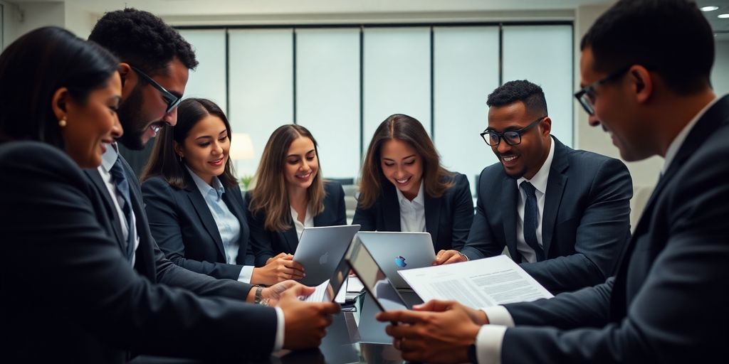 Lawyers working together on laptops in a modern office.