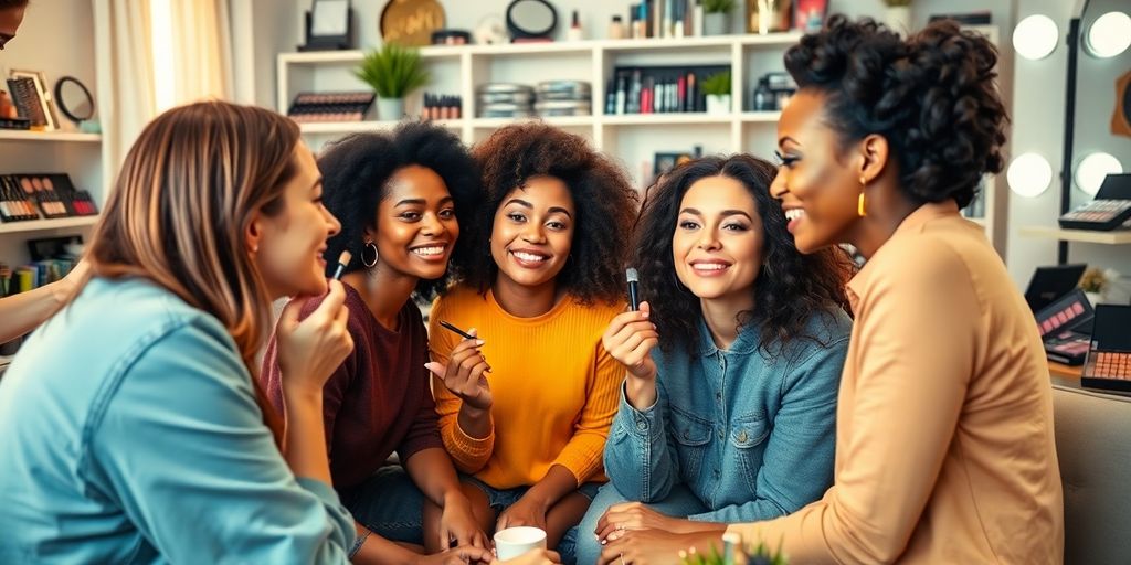 Group learning makeup techniques in a cozy setting.