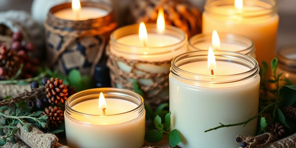 Handcrafted candles with herbs and essential oils on a table.