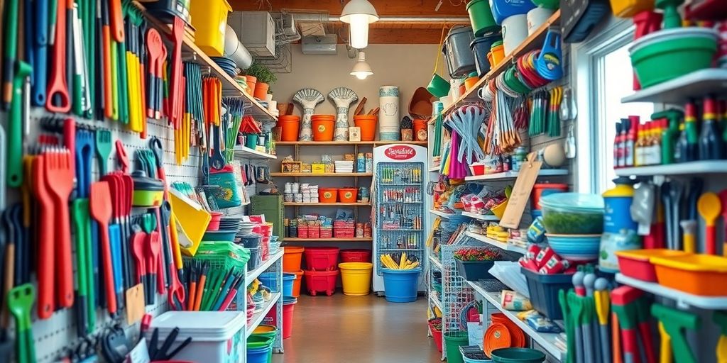 Local hardware shop filled with tools and garden supplies.